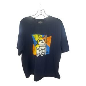 Vintage Michael Leu Black Blue XL Cat Will Work for Sushi T-Shirt Pets Comedy